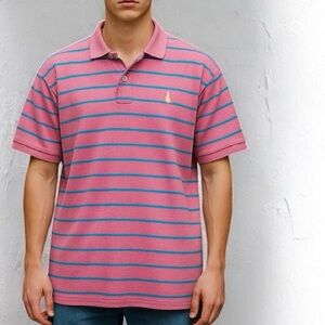 Ralph Lauren 100% Cotton Pink & Blue Stripe‎ Short Sleeve Polo Size Large